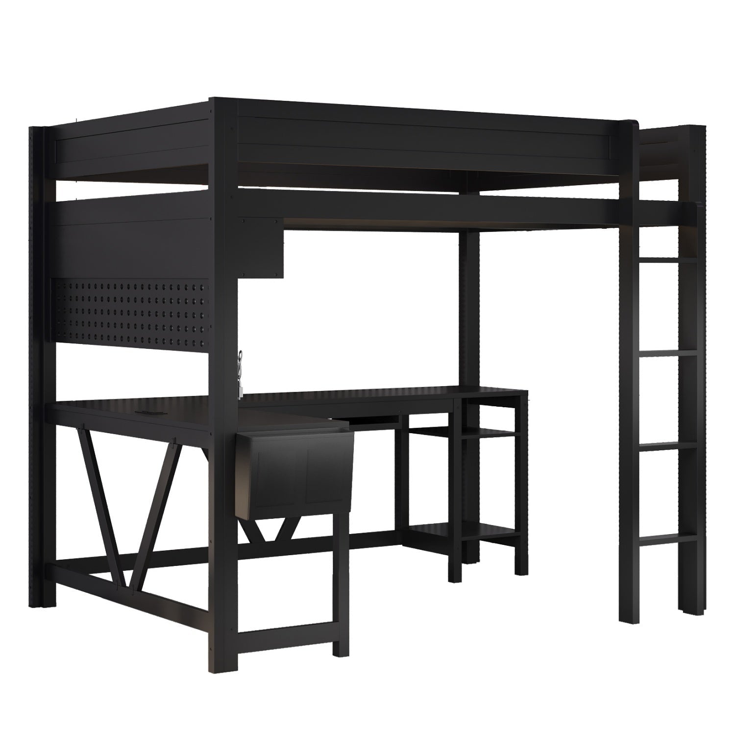 Bellemave® Full Size Gaming Loft Bed with Desk, Storage Shelves, Multifunctional Wood Loft Bed Frame with Light Strip and Charging Station - Bellemave