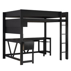 Bellemave® Full Size Gaming Loft Bed with Desk, Storage Shelves, Multifunctional Wood Loft Bed Frame with Light Strip and Charging Station - Bellemave