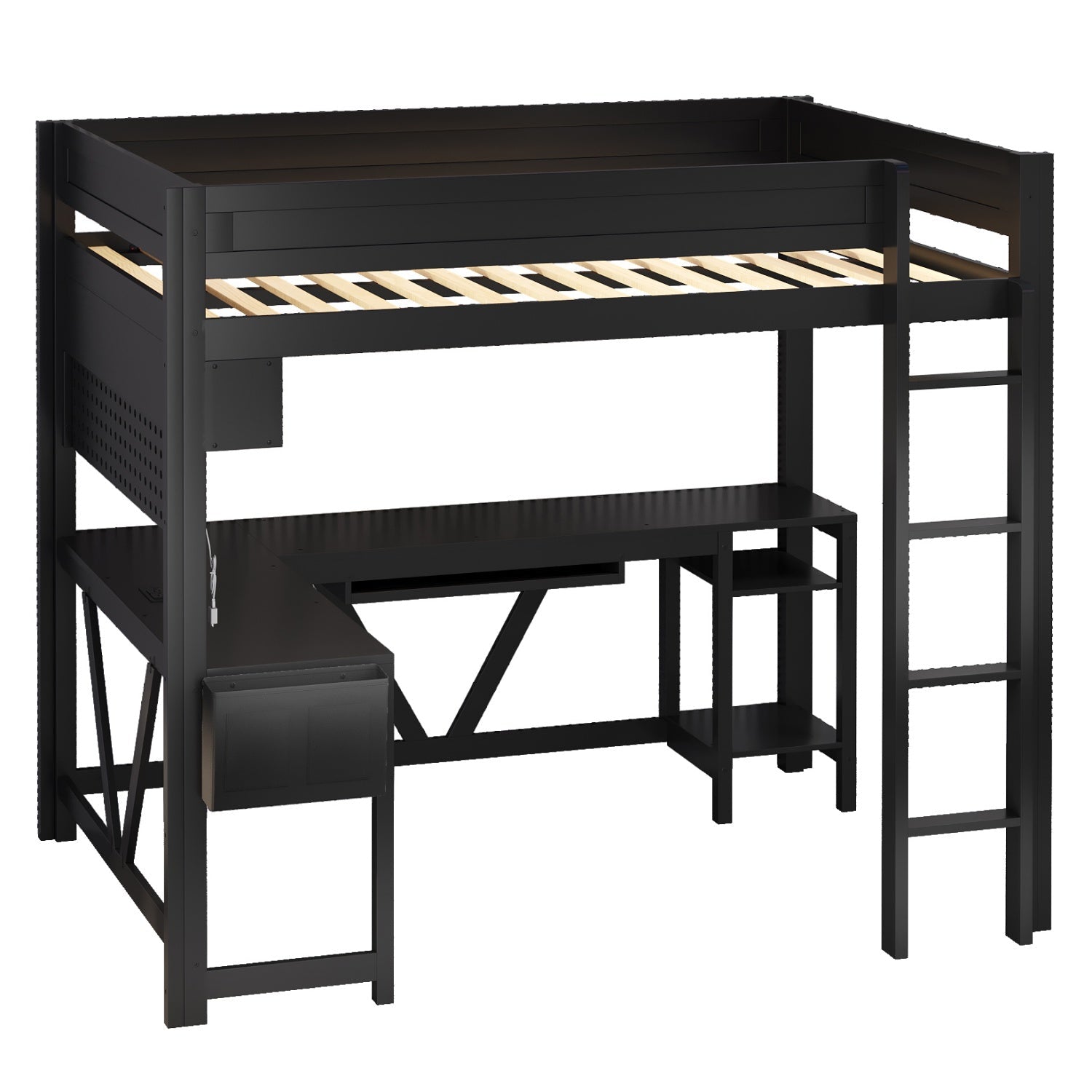 Bellemave® Full Size Gaming Loft Bed with Desk, Storage Shelves, Multifunctional Wood Loft Bed Frame with Light Strip and Charging Station - Bellemave