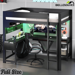 Bellemave® Full Size Gaming Loft Bed with Desk, Storage Shelves, Multifunctional Wood Loft Bed Frame with Light Strip and Charging Station - Bellemave