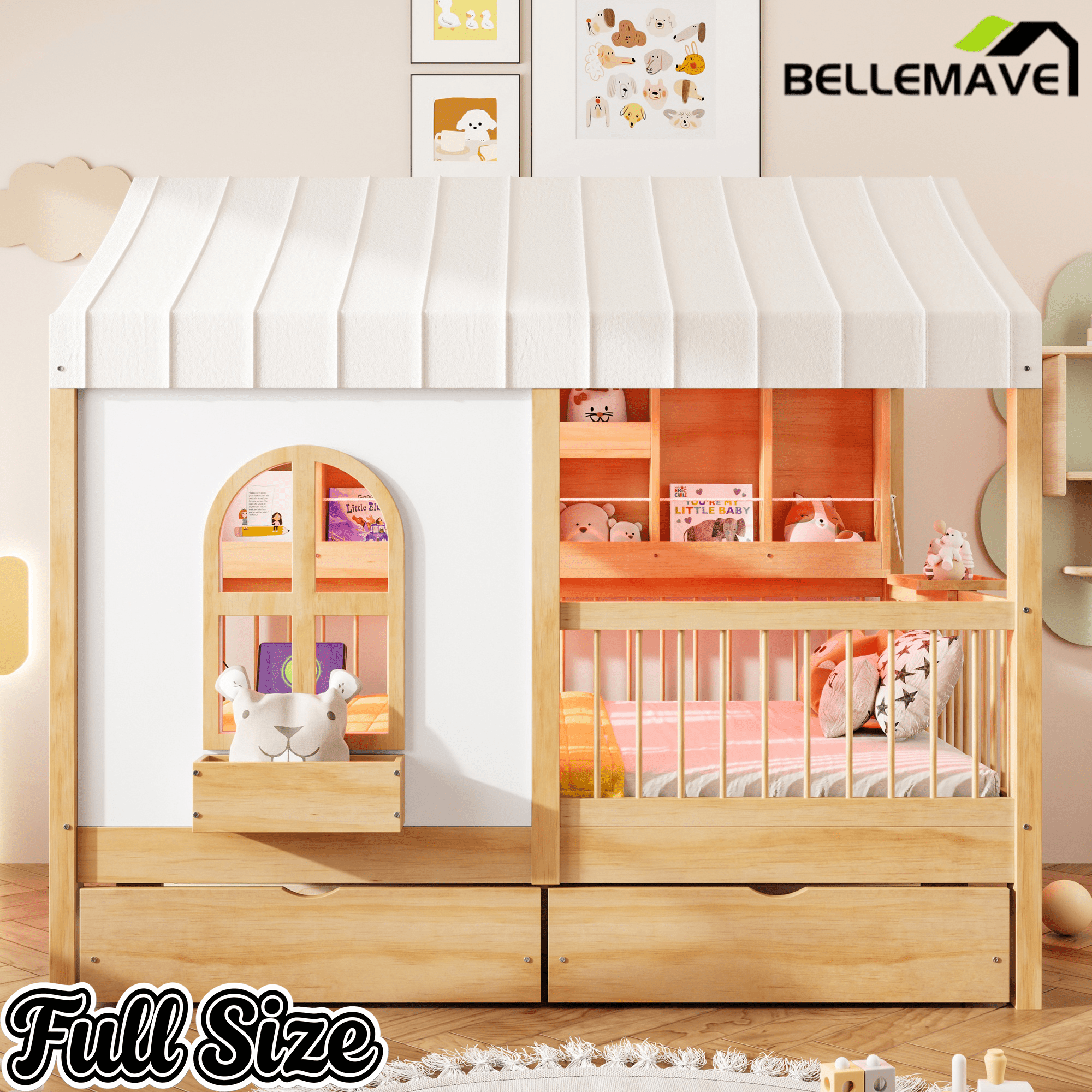 Bellemave® Full Size House Bed with 2 Large Drawers, Side Bookshelf with LED Strip, Cozy Reading Nook & Playhouse for Boys & Girls - Bellemave
