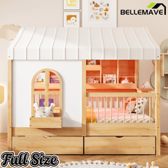 Bellemave® Full Size House Bed with 2 Large Drawers, Side Bookshelf with LED Strip, Cozy Reading Nook & Playhouse for Boys & Girls - Bellemave
