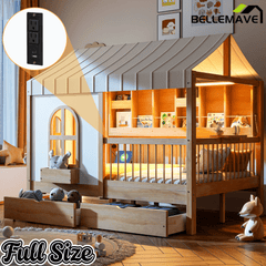 Bellemave® Full Size House Bed with 2 Large Drawers, Side Bookshelf with LED Strip, Cozy Reading Nook & Playhouse for Boys & Girls - Bellemave