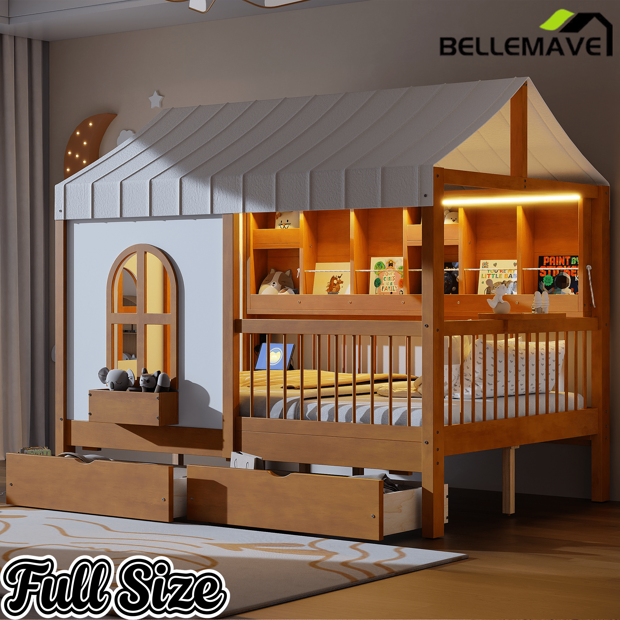 Bellemave® Full Size House Bed with 2 Large Drawers, Side Bookshelf with LED Strip, Cozy Reading Nook & Playhouse for Boys & Girls - Bellemave