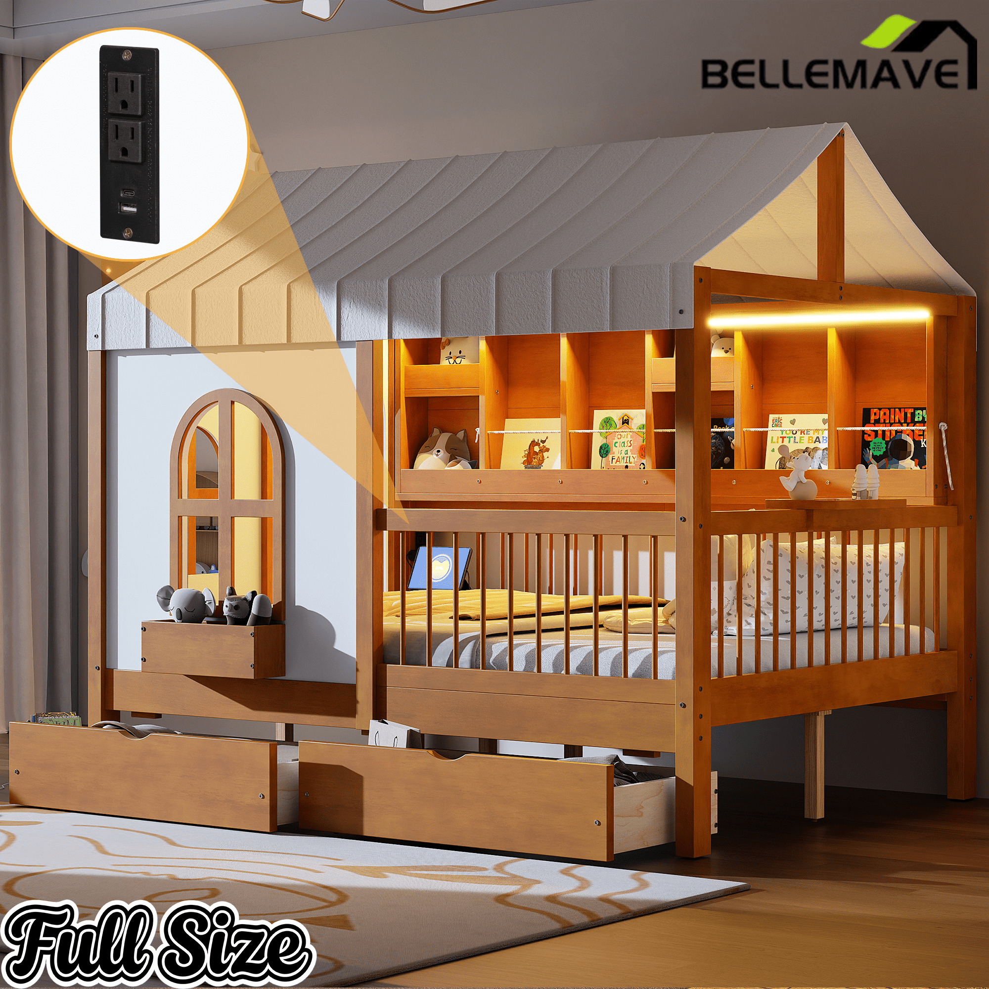 Bellemave® Full Size House Bed with 2 Large Drawers, Side Bookshelf with LED Strip, Cozy Reading Nook & Playhouse for Boys & Girls - Bellemave