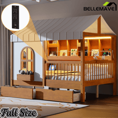 Bellemave® Full Size House Bed with 2 Large Drawers, Side Bookshelf with LED Strip, Cozy Reading Nook & Playhouse for Boys & Girls - Bellemave
