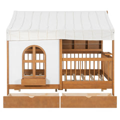 Bellemave® Full Size House Bed with 2 Large Drawers, Side Bookshelf with LED Strip, Cozy Reading Nook & Playhouse for Boys & Girls - Bellemave