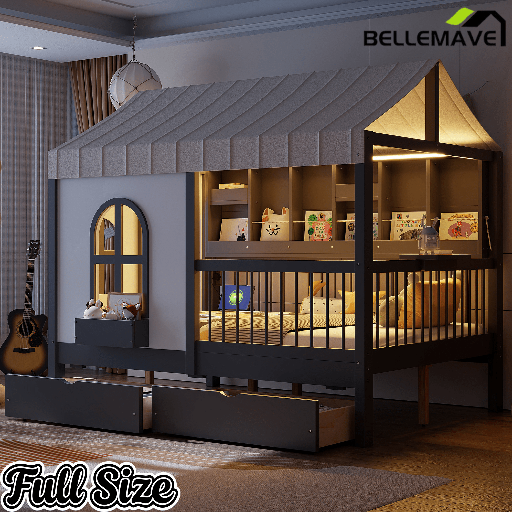 Bellemave® Full Size House Bed with 2 Large Drawers, Side Bookshelf with LED Strip, Cozy Reading Nook & Playhouse for Boys & Girls - Bellemave