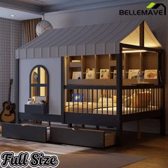 Bellemave® Full Size House Bed with 2 Large Drawers, Side Bookshelf with LED Strip, Cozy Reading Nook & Playhouse for Boys & Girls - Bellemave