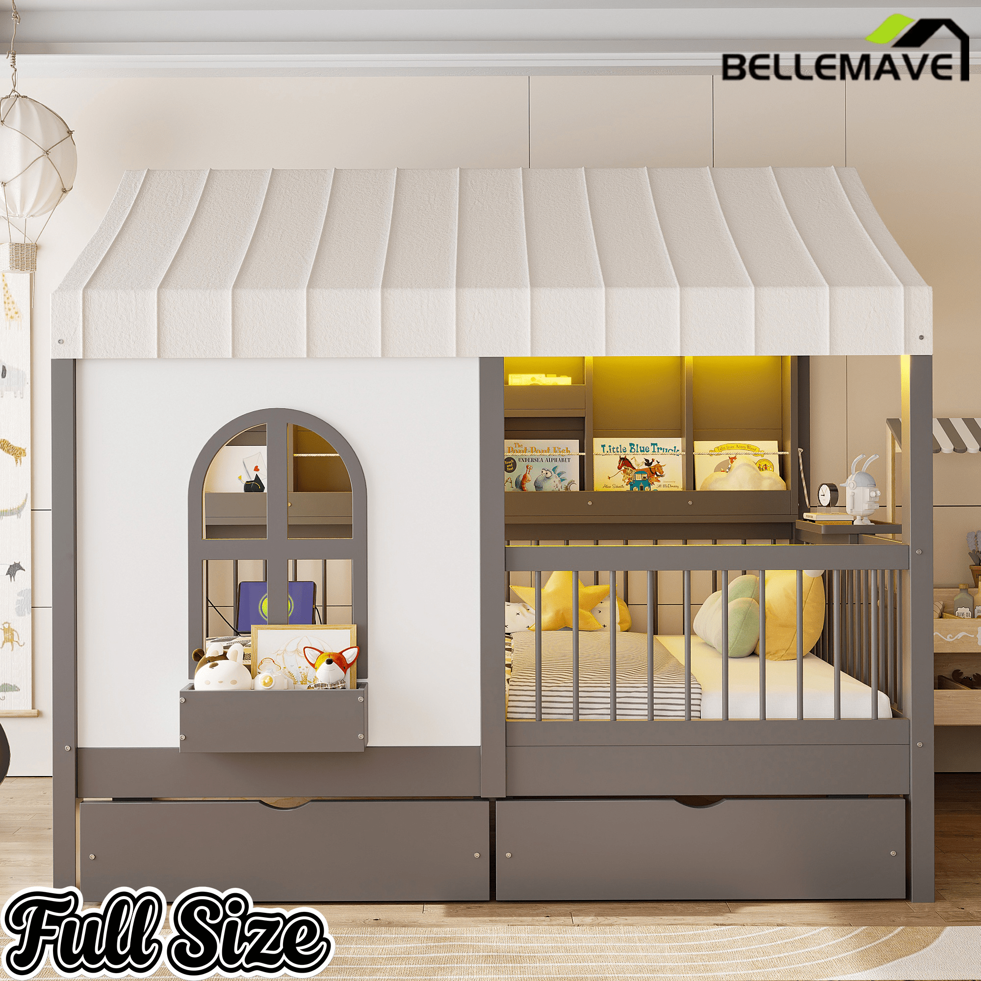 Bellemave® Full Size House Bed with 2 Large Drawers, Side Bookshelf with LED Strip, Cozy Reading Nook & Playhouse for Boys & Girls - Bellemave