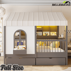 Bellemave® Full Size House Bed with 2 Large Drawers, Side Bookshelf with LED Strip, Cozy Reading Nook & Playhouse for Boys & Girls - Bellemave