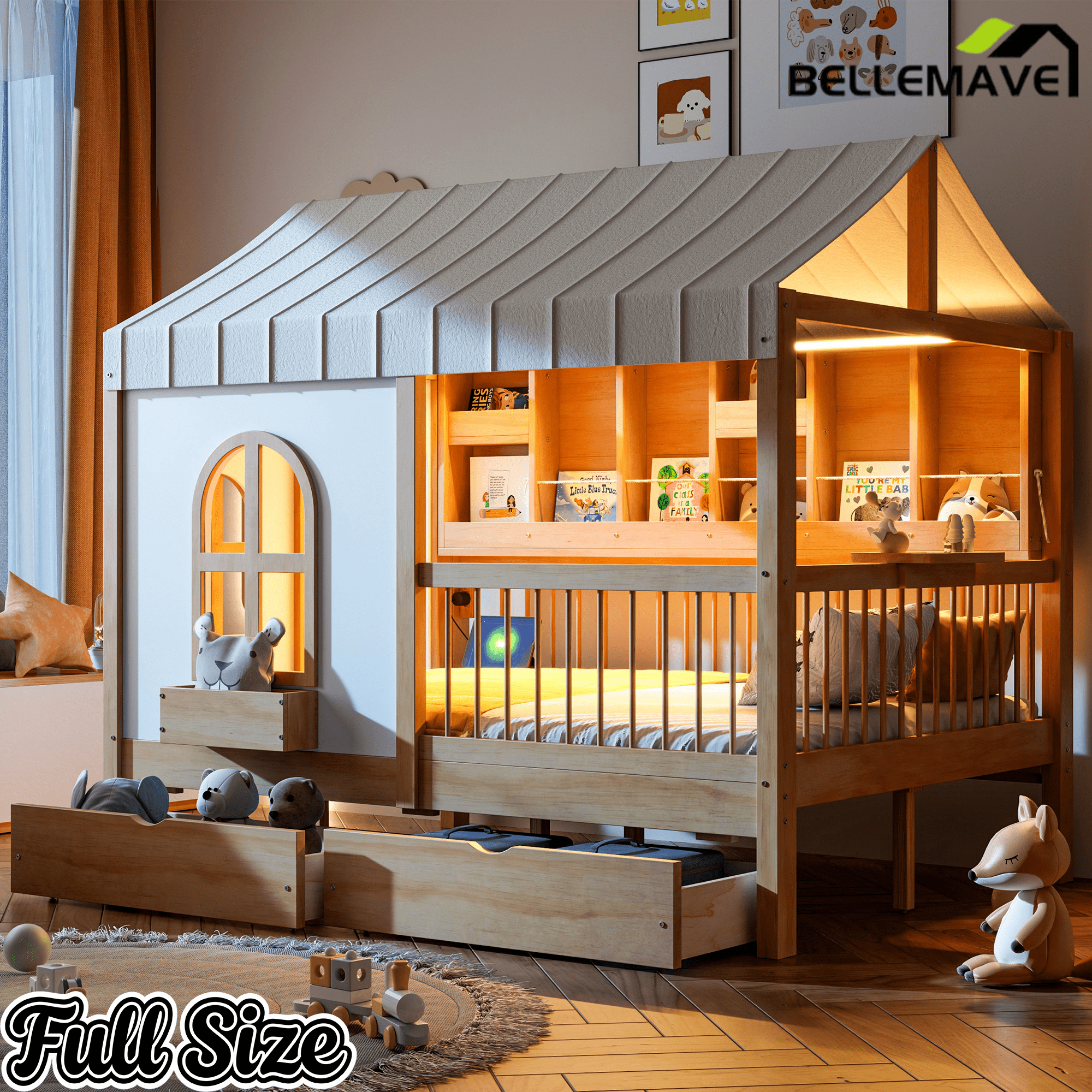 Bellemave® Full Size House Bed with 2 Large Drawers, Side Bookshelf with LED Strip, Cozy Reading Nook & Playhouse for Boys & Girls - Bellemave