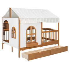 Bellemave® Full Size House Bed with 2 Large Drawers, Side Bookshelf with LED Strip, Cozy Reading Nook & Playhouse for Boys & Girls - Bellemave