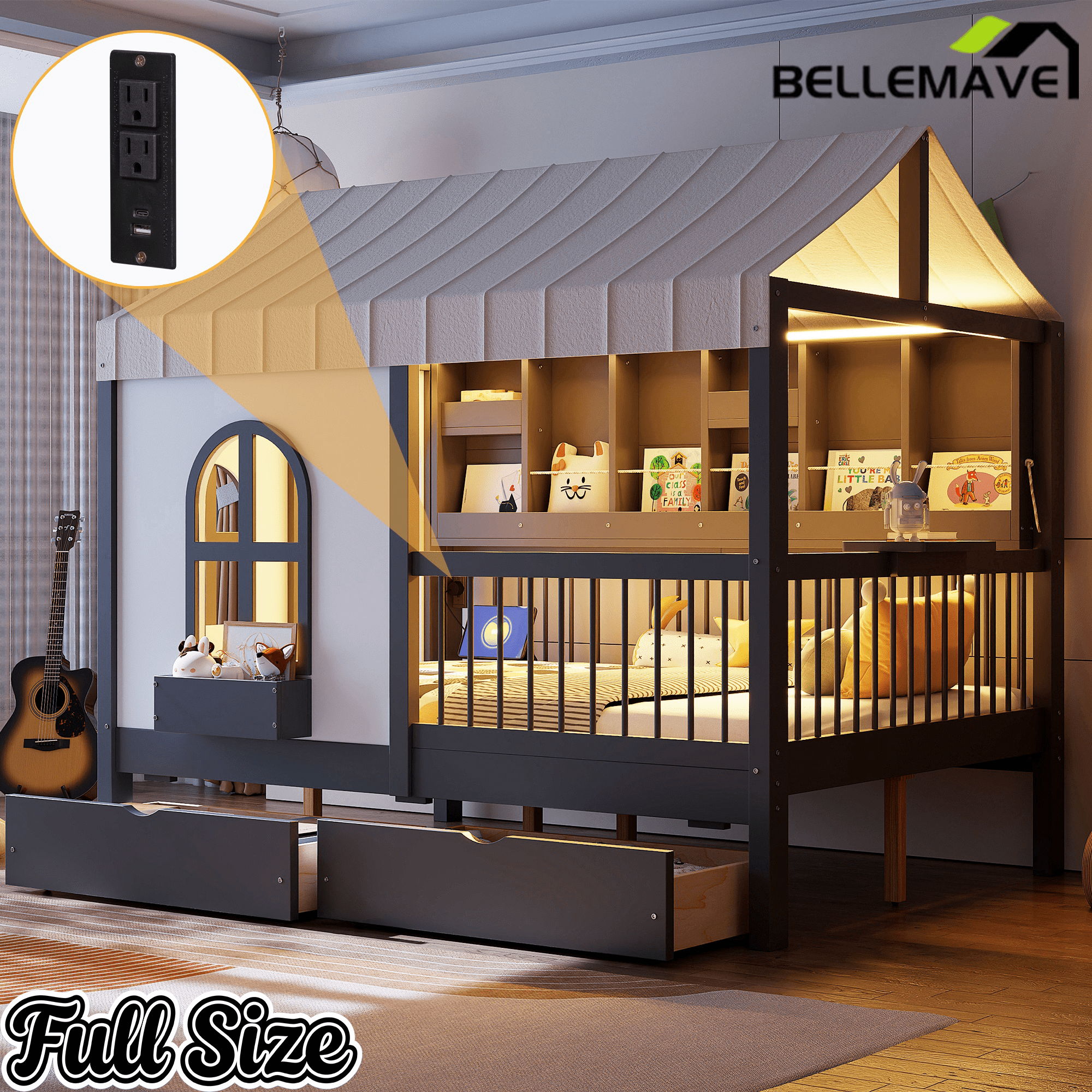 Bellemave® Full Size House Bed with 2 Large Drawers, Side Bookshelf with LED Strip, Cozy Reading Nook & Playhouse for Boys & Girls - Bellemave
