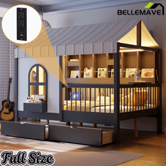 Bellemave® Full Size House Bed with 2 Large Drawers, Side Bookshelf with LED Strip, Cozy Reading Nook & Playhouse for Boys & Girls - Bellemave