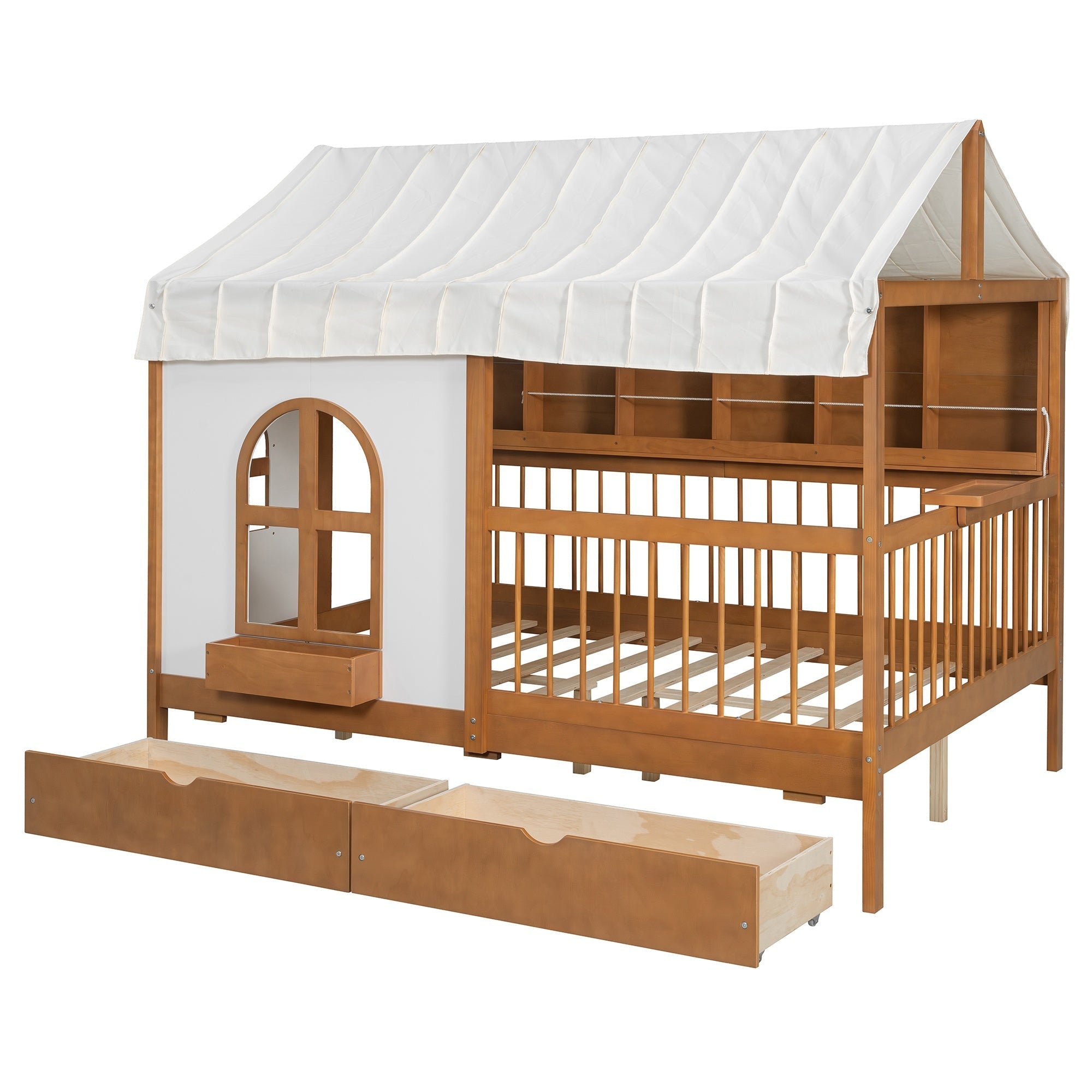 Bellemave® Full Size House Bed with 2 Large Drawers, Side Bookshelf with LED Strip, Cozy Reading Nook & Playhouse for Boys & Girls - Bellemave