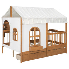 Bellemave® Full Size House Bed with 2 Large Drawers, Side Bookshelf with LED Strip, Cozy Reading Nook & Playhouse for Boys & Girls - Bellemave