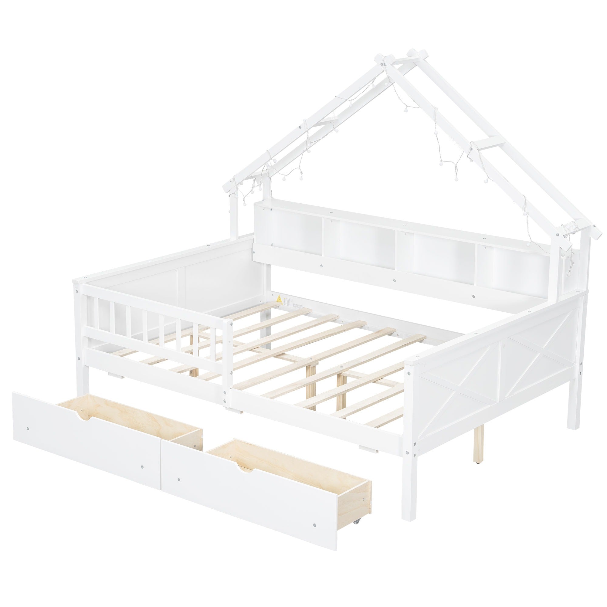 Bellemave® Full Size House Bed with LED Light and Storage Shelves, Drawers and Guardrail - Bellemave