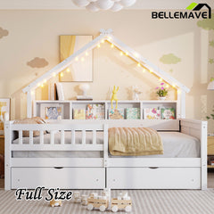 Bellemave® Full Size House Bed with LED Light and Storage Shelves, Drawers and Guardrail - Bellemave