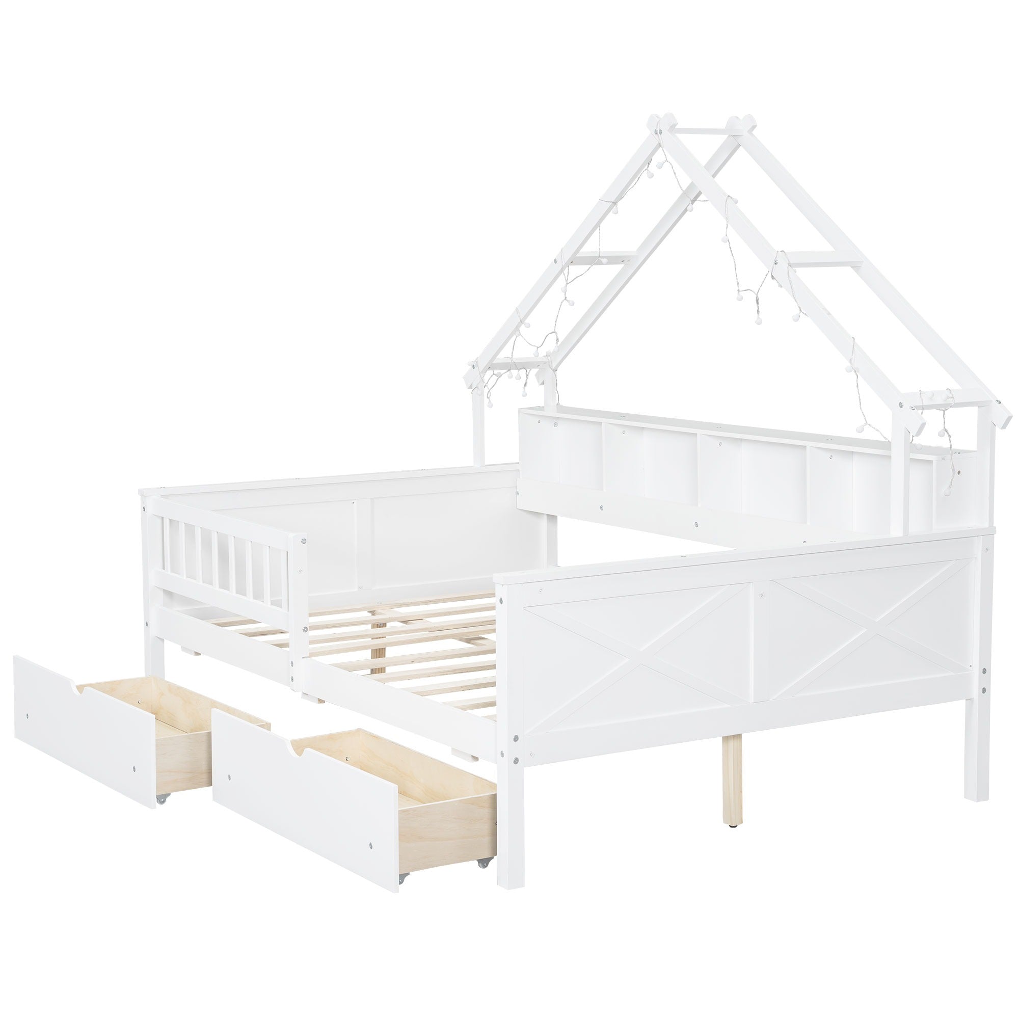 Bellemave® Full Size House Bed with LED Light and Storage Shelves, Drawers and Guardrail - Bellemave