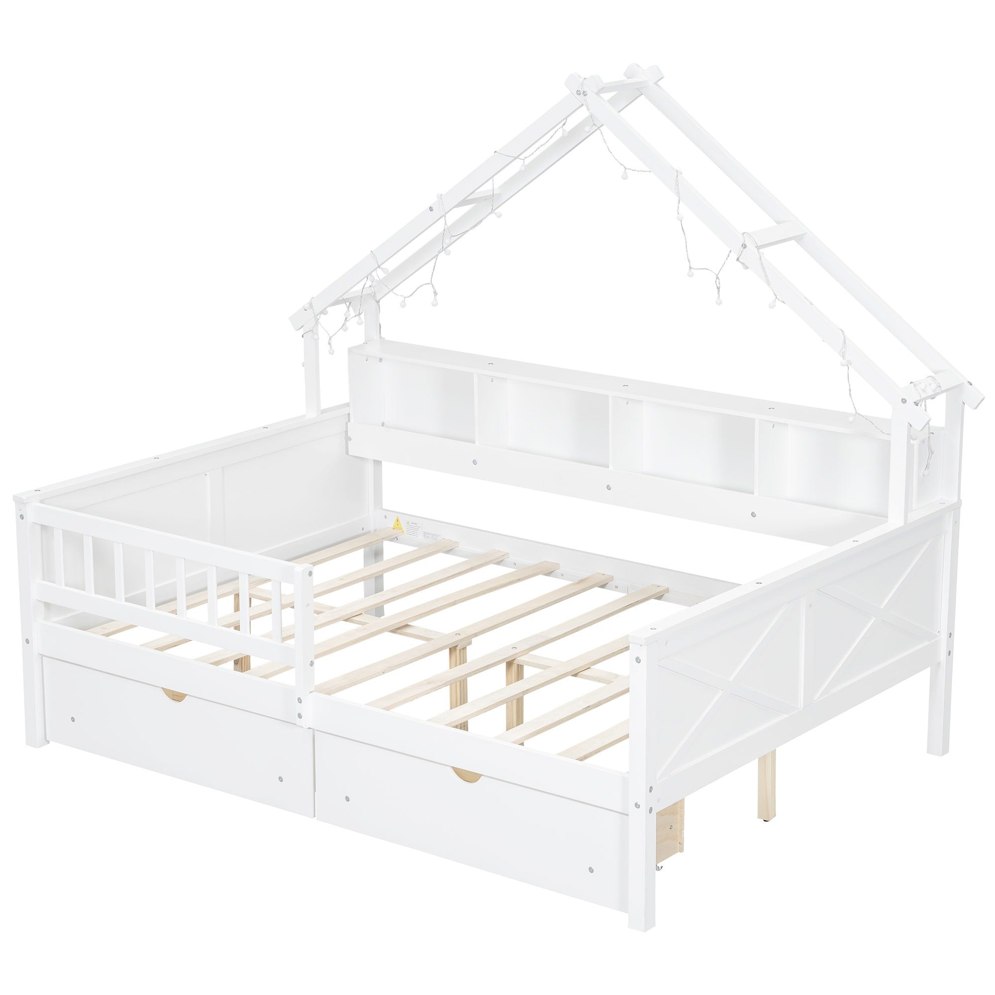 Bellemave® Full Size House Bed with LED Light and Storage Shelves, Drawers and Guardrail - Bellemave