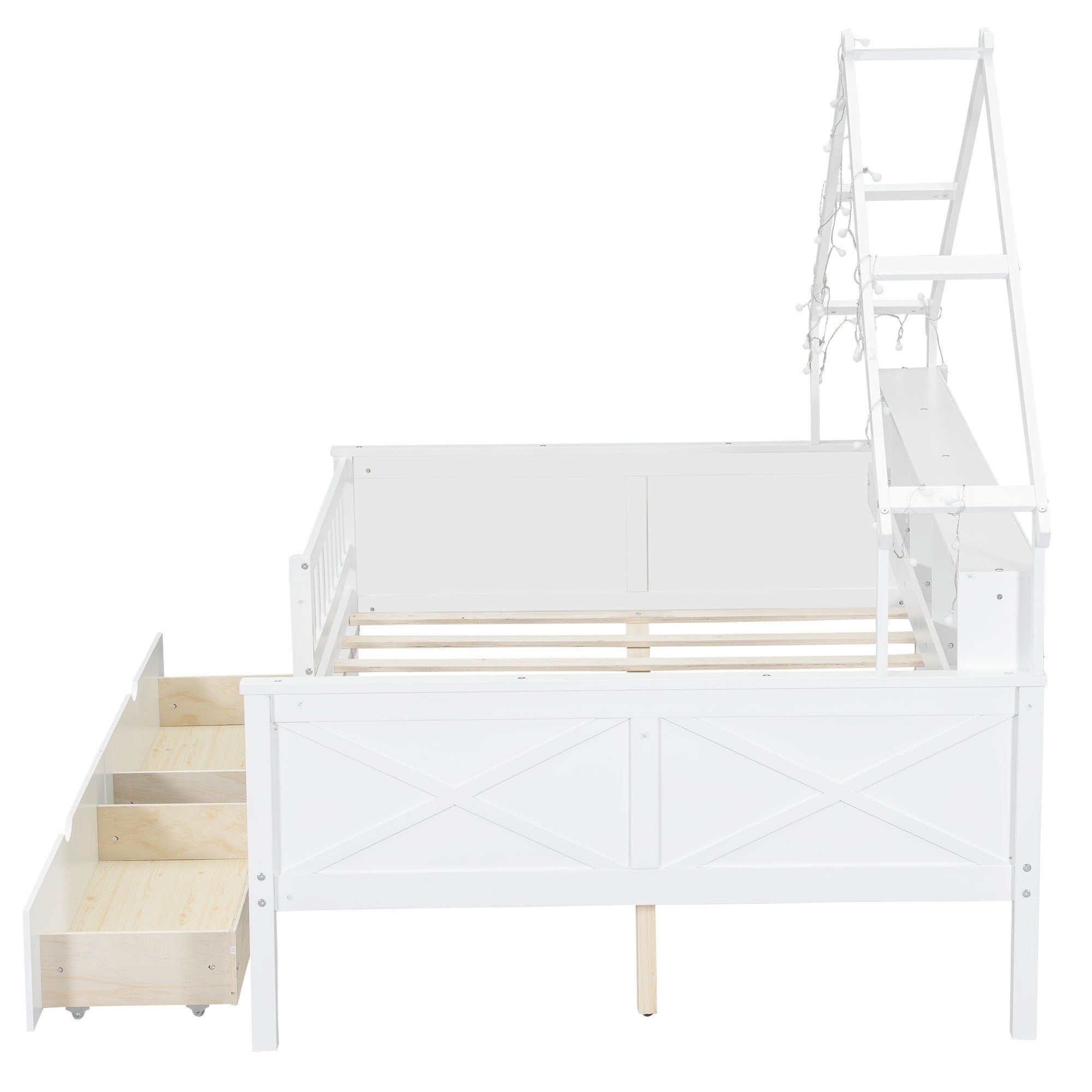 Bellemave® Full Size House Bed with LED Light and Storage Shelves, Drawers and Guardrail - Bellemave