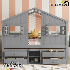 Bellemave® Full Size House Bed with Roof, Windows,4 Storage Drawers,Safety Guardrails,Ladder - Bellemave