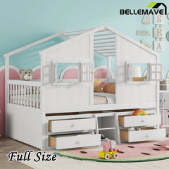 Bellemave® Full Size House Bed with Roof, Windows,4 Storage Drawers,Safety Guardrails,Ladder - Bellemave