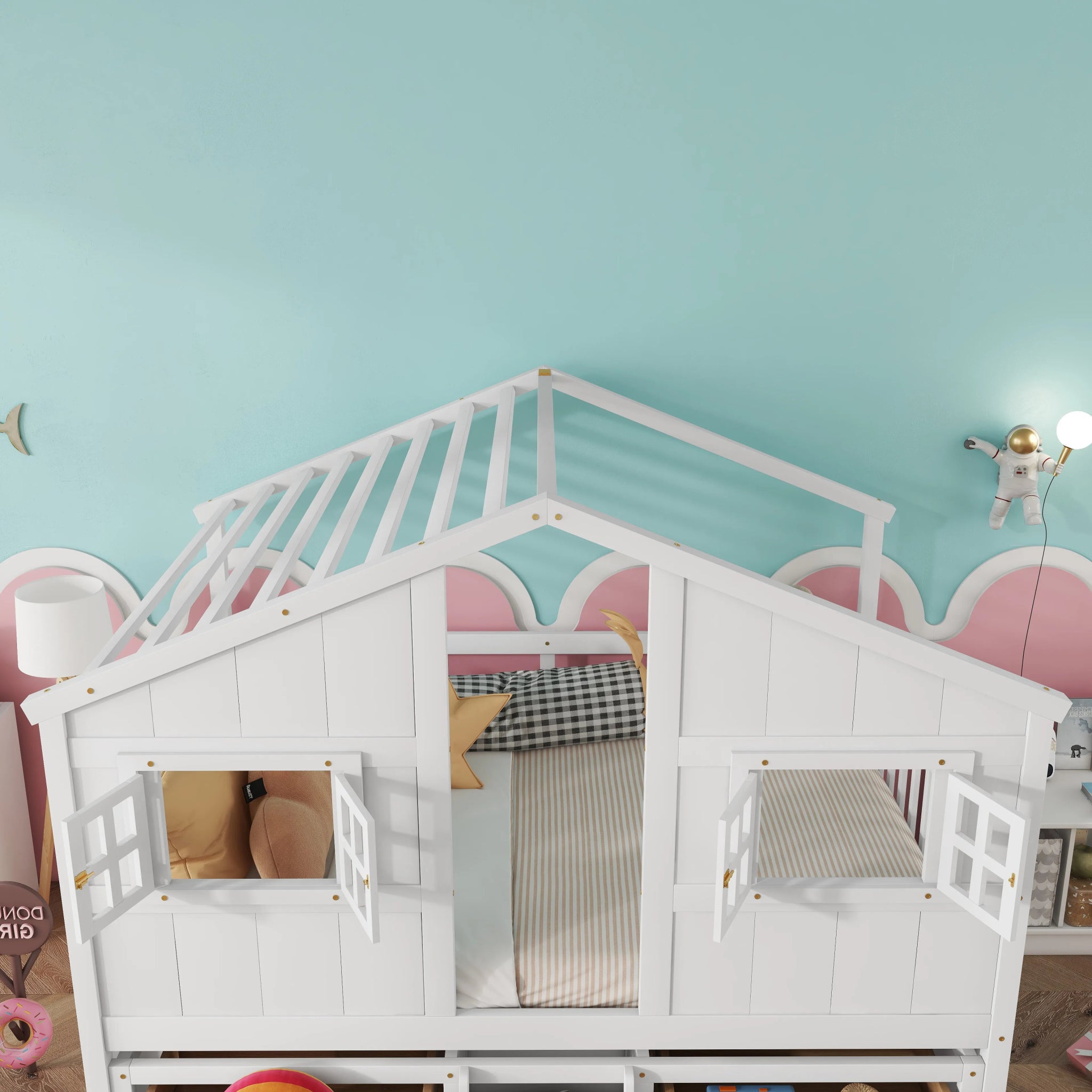 Bellemave® Full Size House Bed with Roof, Windows,4 Storage Drawers,Safety Guardrails,Ladder - Bellemave