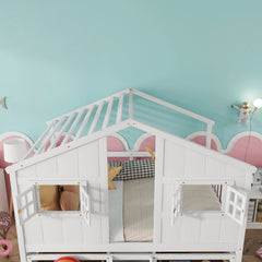 Bellemave® Full Size House Bed with Roof, Windows,4 Storage Drawers,Safety Guardrails,Ladder - Bellemave