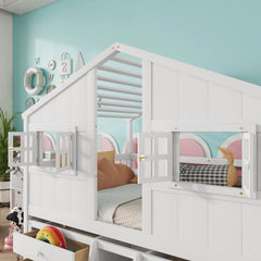 Bellemave® Full Size House Bed with Roof, Windows,4 Storage Drawers,Safety Guardrails,Ladder - Bellemave