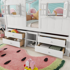 Bellemave® Full Size House Bed with Roof, Windows,4 Storage Drawers,Safety Guardrails,Ladder - Bellemave