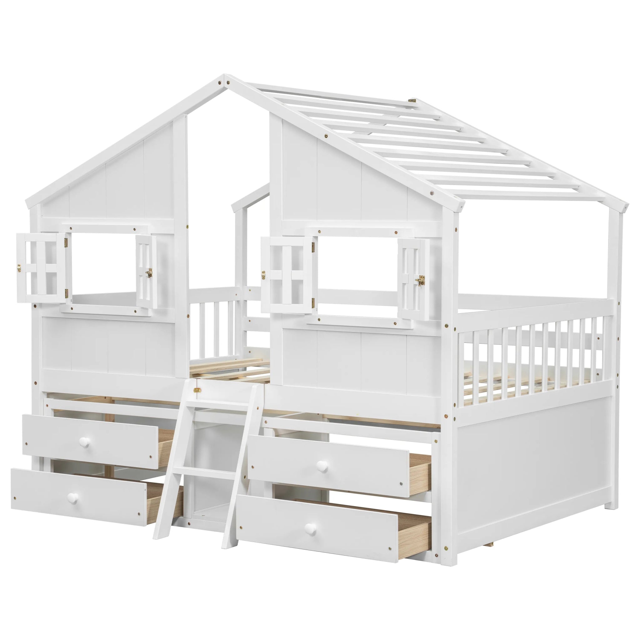 Bellemave® Full Size House Bed with Roof, Windows,4 Storage Drawers,Safety Guardrails,Ladder - Bellemave