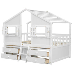 Bellemave® Full Size House Bed with Roof, Windows,4 Storage Drawers,Safety Guardrails,Ladder - Bellemave