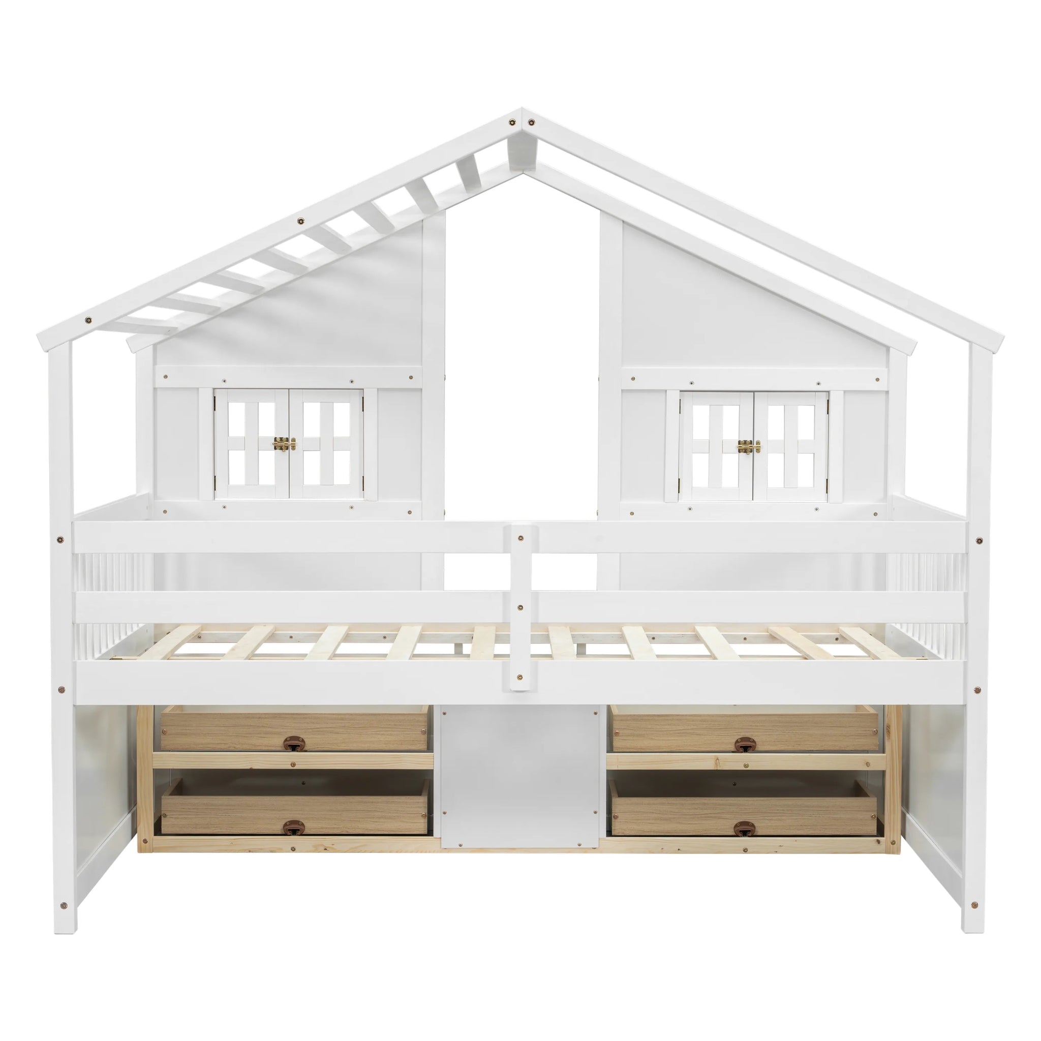 Bellemave® Full Size House Bed with Roof, Windows,4 Storage Drawers,Safety Guardrails,Ladder - Bellemave