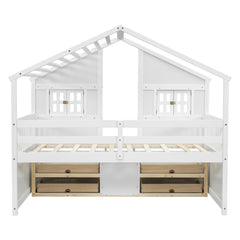 Bellemave® Full Size House Bed with Roof, Windows,4 Storage Drawers,Safety Guardrails,Ladder - Bellemave