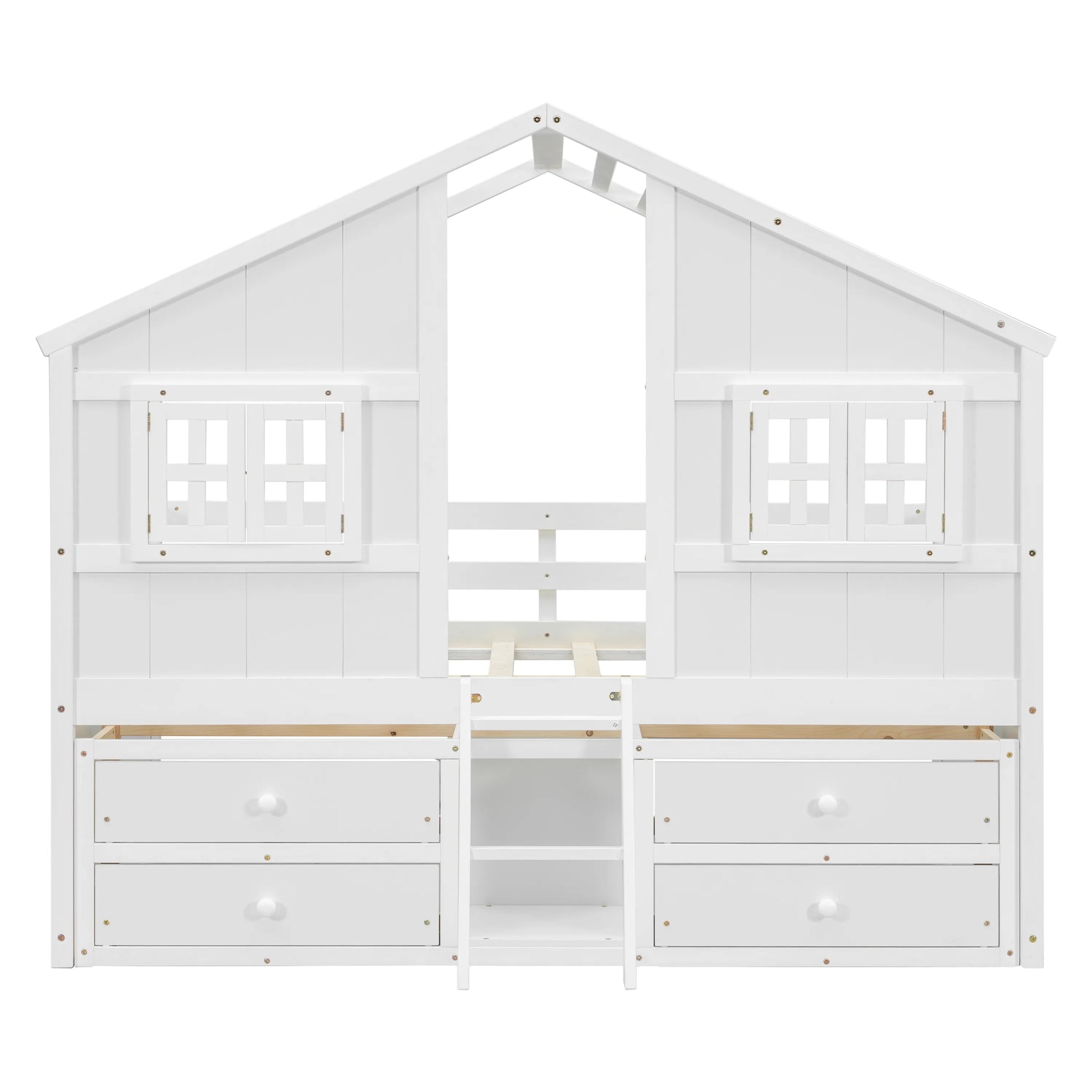 Bellemave® Full Size House Bed with Roof, Windows,4 Storage Drawers,Safety Guardrails,Ladder - Bellemave