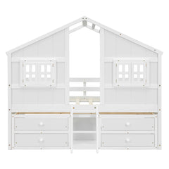 Bellemave® Full Size House Bed with Roof, Windows,4 Storage Drawers,Safety Guardrails,Ladder - Bellemave