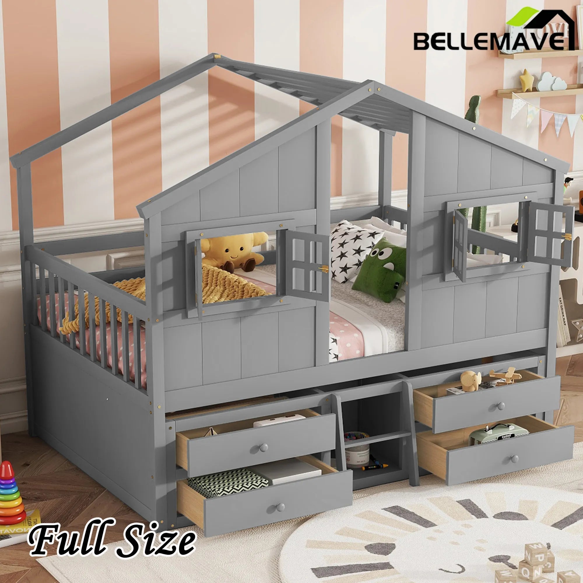 Bellemave® Full Size House Bed with Roof, Windows,4 Storage Drawers,Safety Guardrails,Ladder - Bellemave