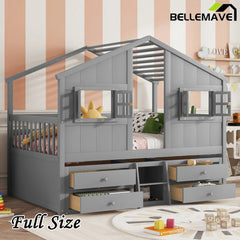 Bellemave® Full Size House Bed with Roof, Windows,4 Storage Drawers,Safety Guardrails,Ladder - Bellemave
