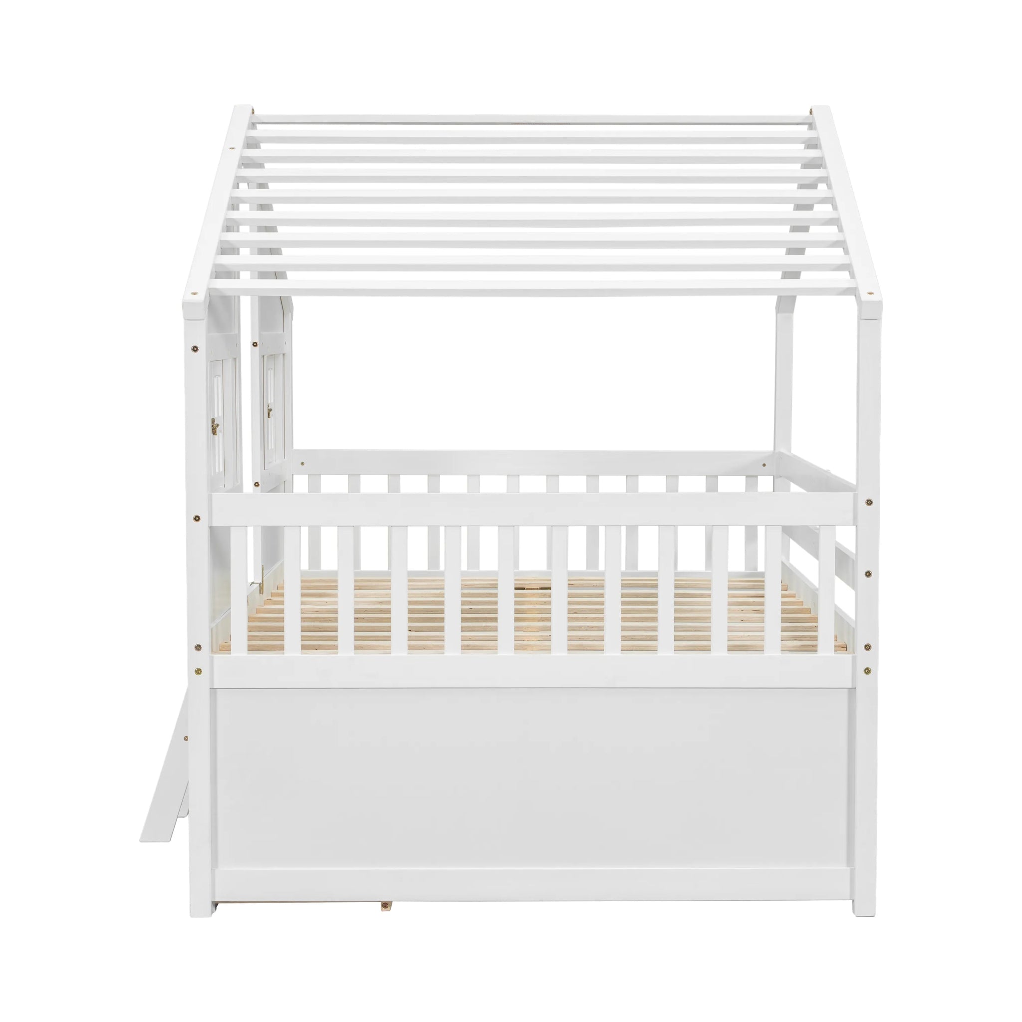 Bellemave® Full Size House Bed with Roof, Windows,4 Storage Drawers,Safety Guardrails,Ladder - Bellemave