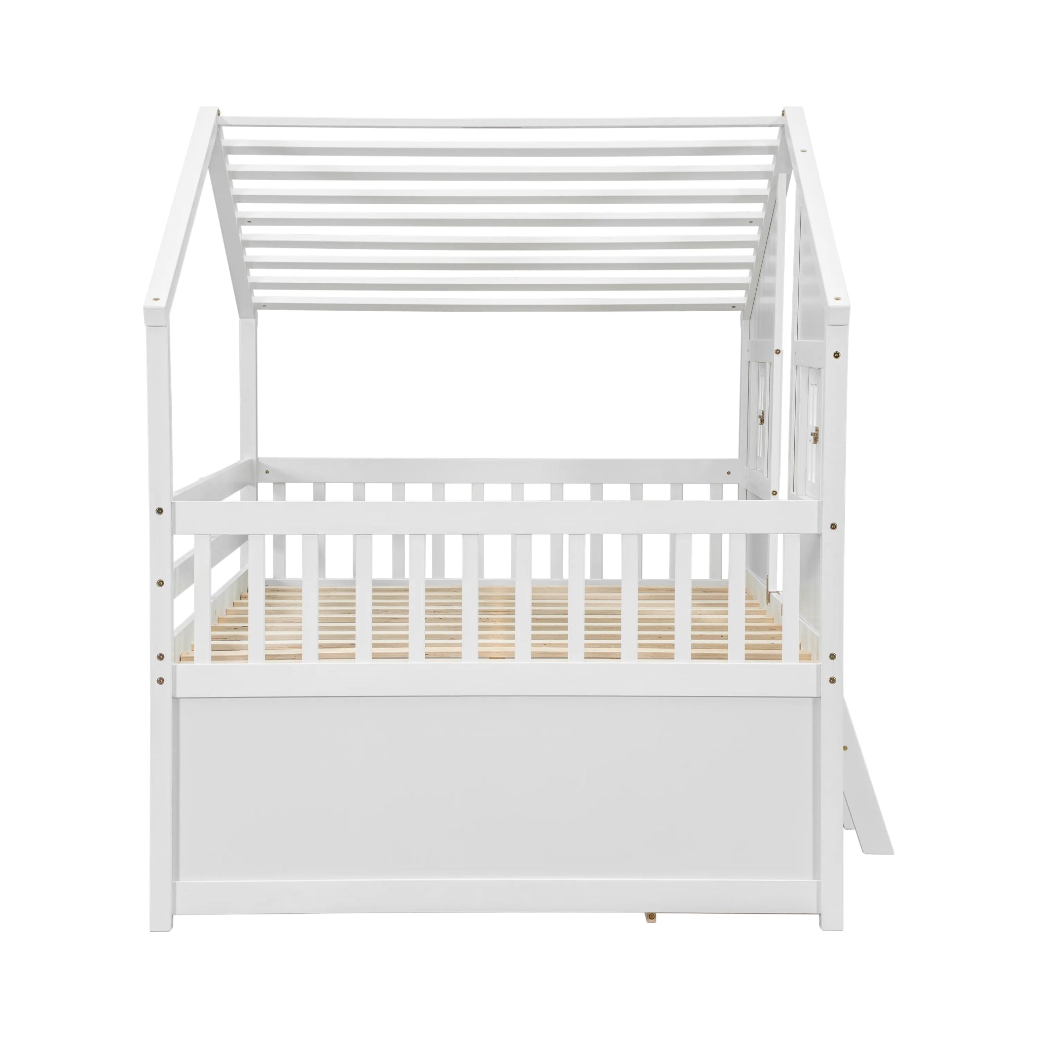 Bellemave® Full Size House Bed with Roof, Windows,4 Storage Drawers,Safety Guardrails,Ladder - Bellemave