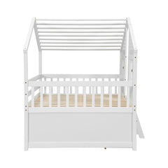 Bellemave® Full Size House Bed with Roof, Windows,4 Storage Drawers,Safety Guardrails,Ladder - Bellemave