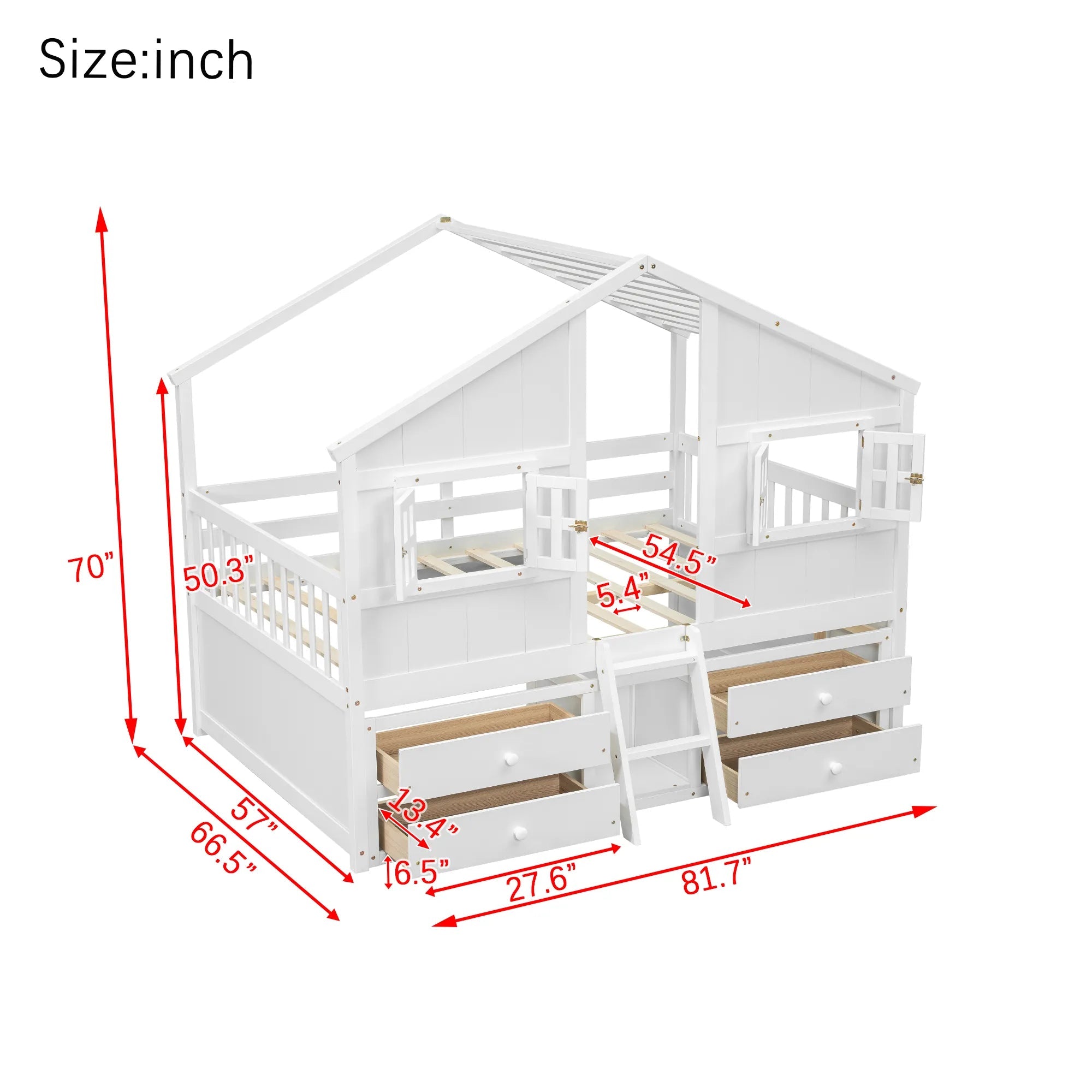 Bellemave® Full Size House Bed with Roof, Windows,4 Storage Drawers,Safety Guardrails,Ladder - Bellemave