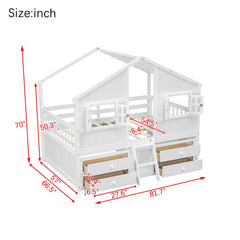 Bellemave® Full Size House Bed with Roof, Windows,4 Storage Drawers,Safety Guardrails,Ladder - Bellemave