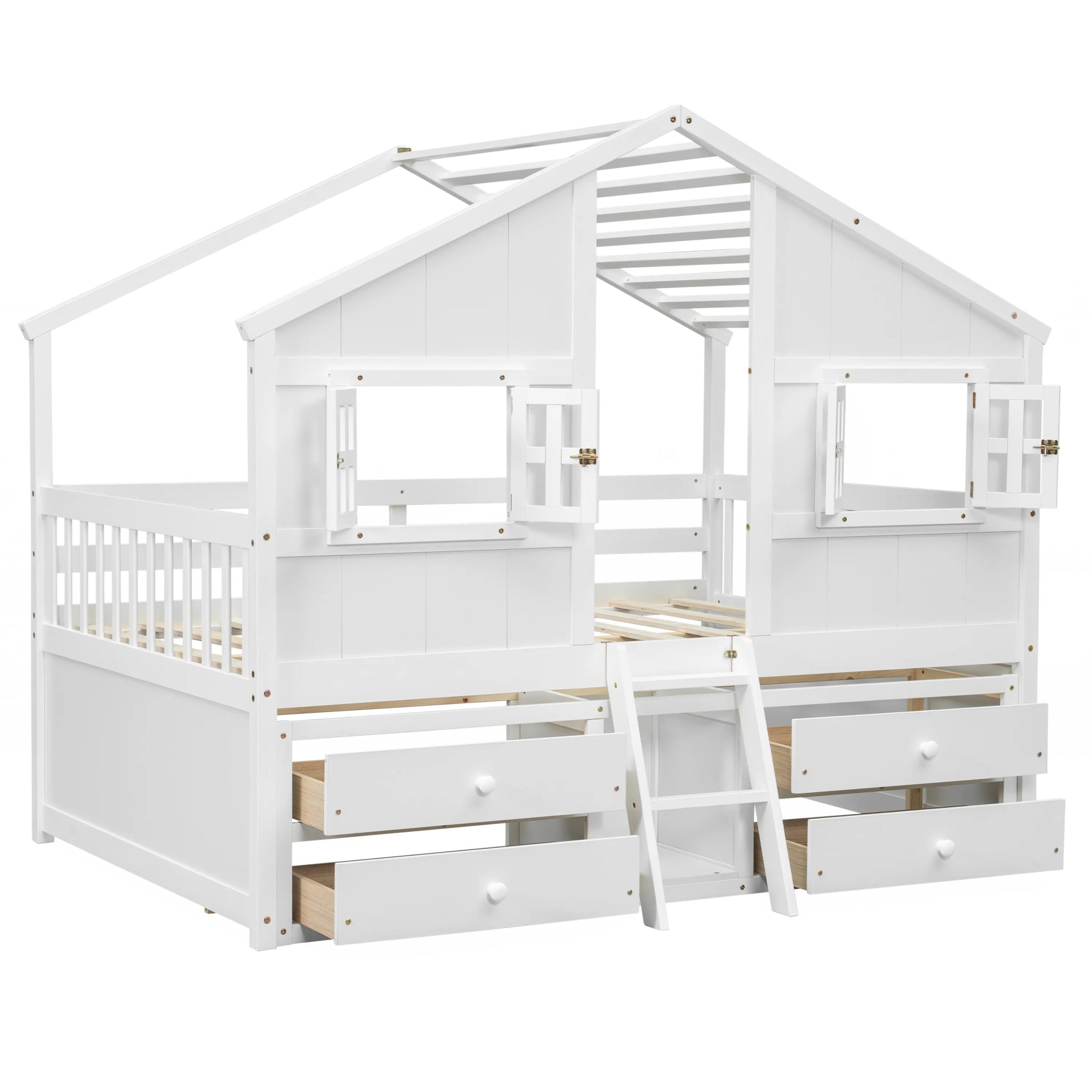 Bellemave® Full Size House Bed with Roof, Windows,4 Storage Drawers,Safety Guardrails,Ladder - Bellemave
