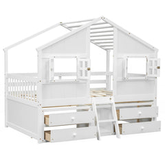 Bellemave® Full Size House Bed with Roof, Windows,4 Storage Drawers,Safety Guardrails,Ladder - Bellemave
