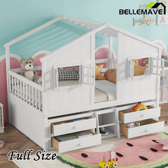 Bellemave® Full Size House Bed with Roof, Windows,4 Storage Drawers,Safety Guardrails,Ladder - Bellemave