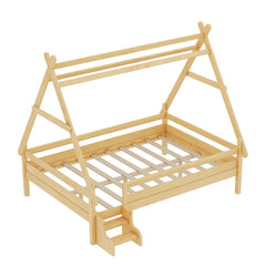 Bellemave® Full Size House Bed with Stairs, Solid Wood Low Profile Platform Bed Frame, Spacious Playhouse Design for Kids, Natural Finish - Bellemave