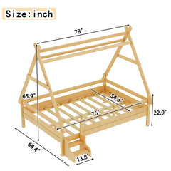 Bellemave® Full Size House Bed with Stairs, Solid Wood Low Profile Platform Bed Frame, Spacious Playhouse Design for Kids, Natural Finish - Bellemave